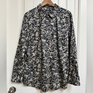 Chaps No Iron Cotton Sateen Navy and Cream Floral Long Sleeved Button Down. 1X